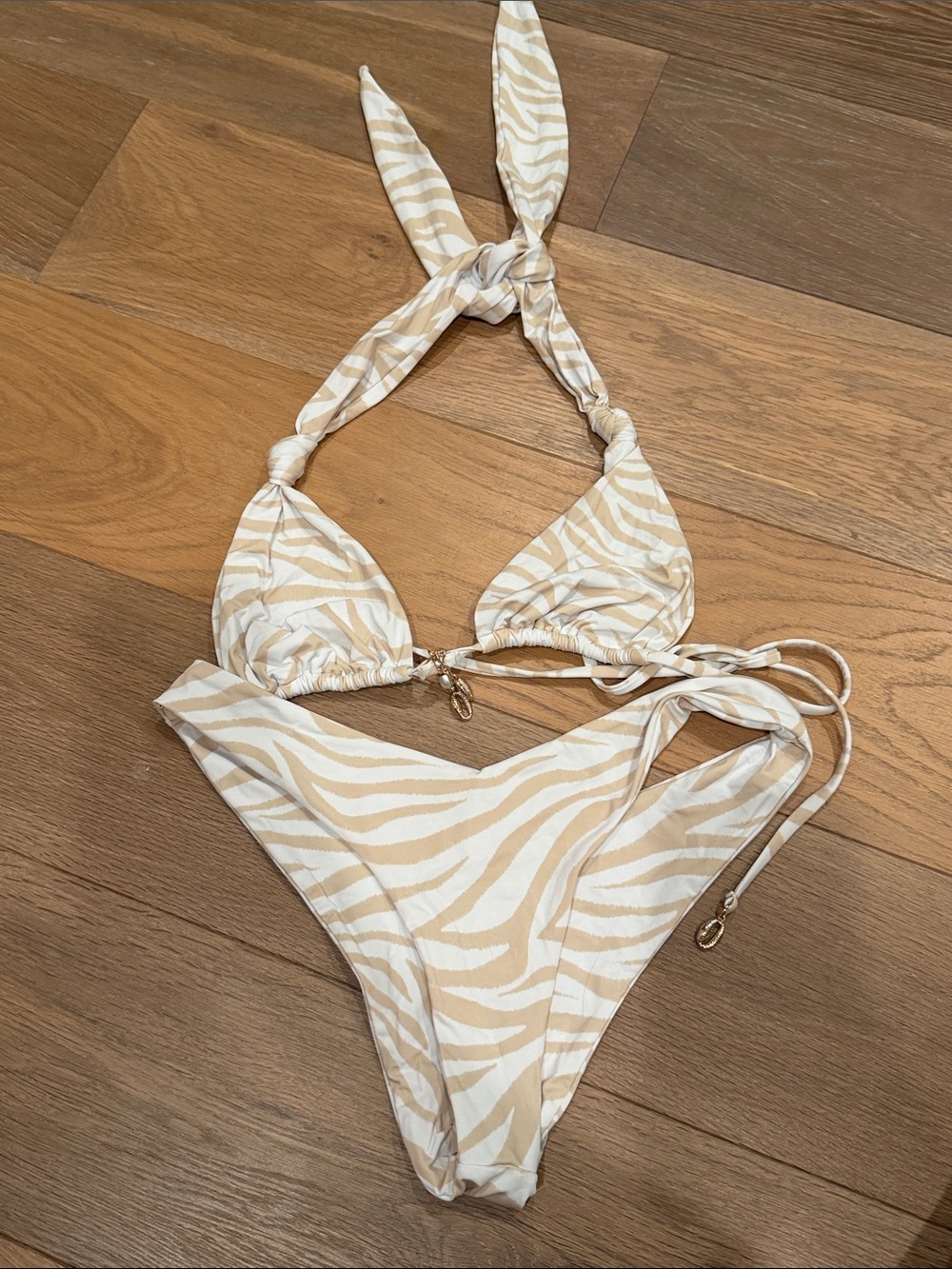 Beach Bunny Beige & White Zebra Print Triangle Bikini